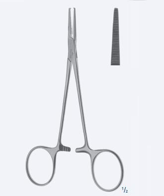 Зажими гемостатичні, "Halstead Mosquito", делікатні, прямі, зубчаті щелепи, з кремальєрою, довжина 125 мм, 5". Бренд - Asanus Medizintechnik Gmb, Німеччина